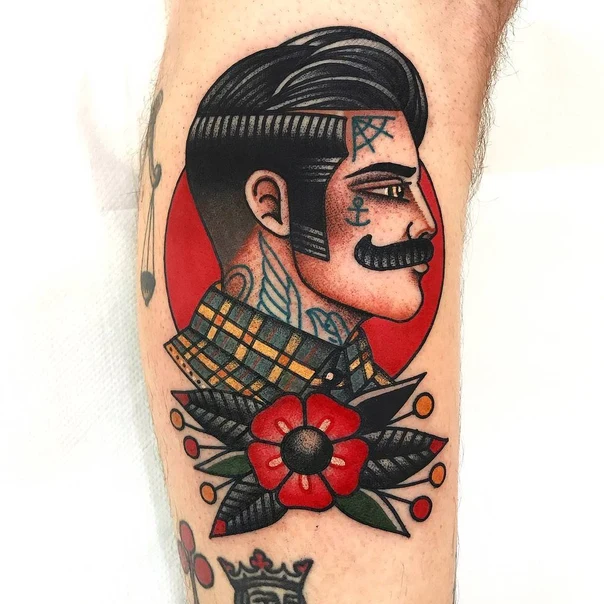 Neo Traditional Portrait, Flower tattoo on Calf