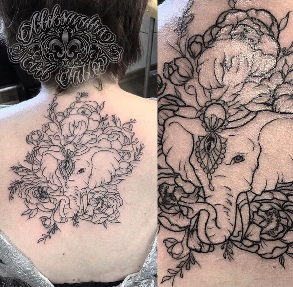 Лайнворк Elephant, Flowers tattoo на Верхняя часть спины