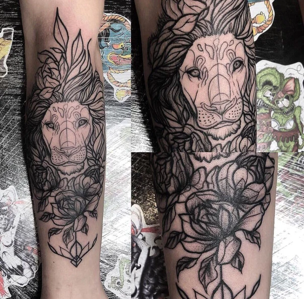 Лайнворк Lion, Rose tattoo на Предплечье