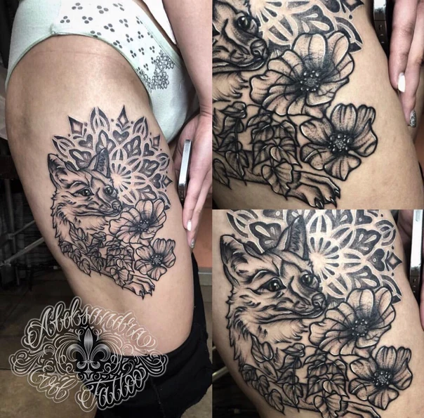 Блэкворк Fox, Flowers tattoo на Thigh