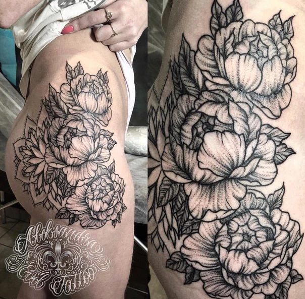 Блэкворк Flowers, Mandala tattoo на Бедро (верх)