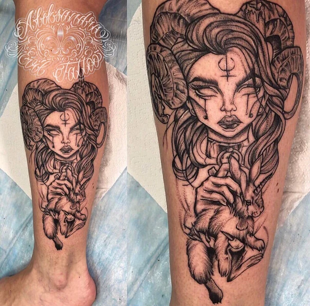 Блэкворк Woman, Ram tattoo на Икра