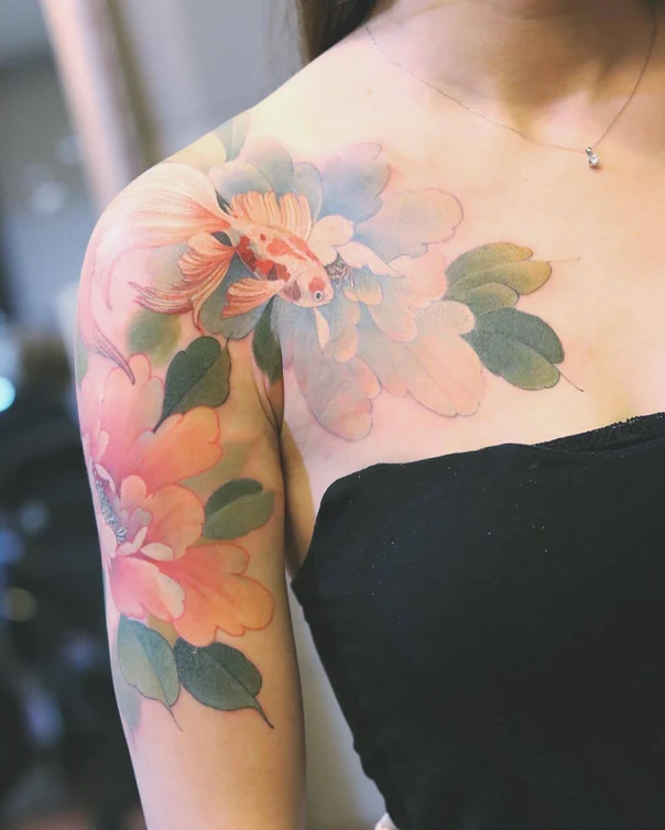 Japanese Fish, Flowers tattoo on Shoulder