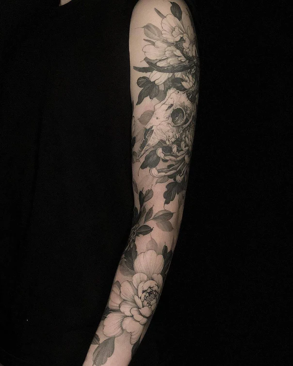 Black & Grey Skull, Flowers tattoo on Full Sleeve