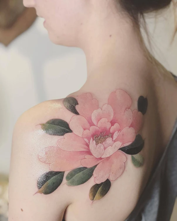 Botanic Flower, Leaves tattoo on Shoulder Blade