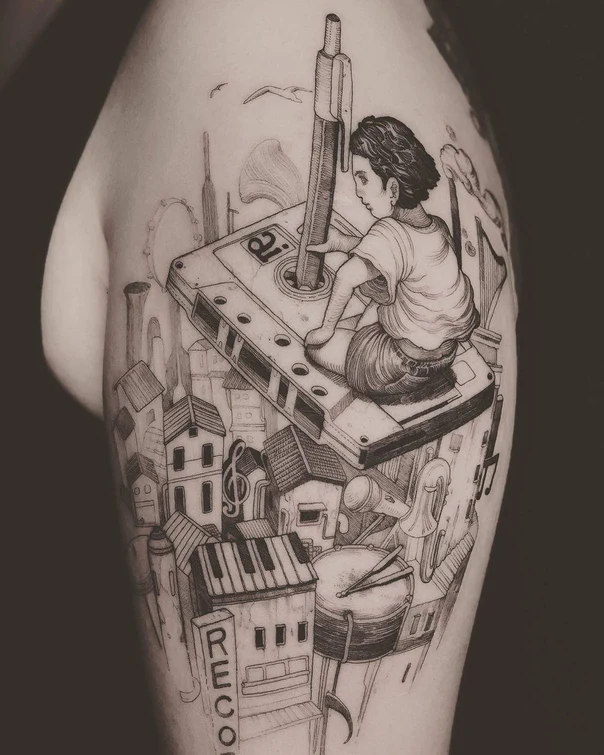 Sketch Child, Cassette tape tattoo on Shoulder