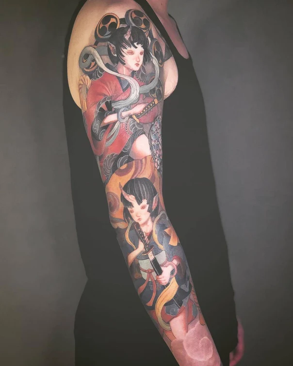 Japanese Demon, Samurai tattoo on Full Sleeve