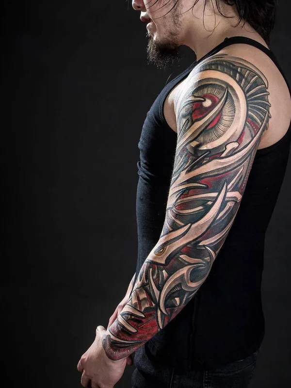 male color biomechanical tattoo on full sleeve #30496 | Tattoo Artist Javier Obregon