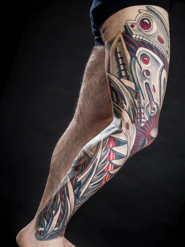 male color biomechanical tattoo on full sleeve #30504 | Tattoo Artist Javier Obregon