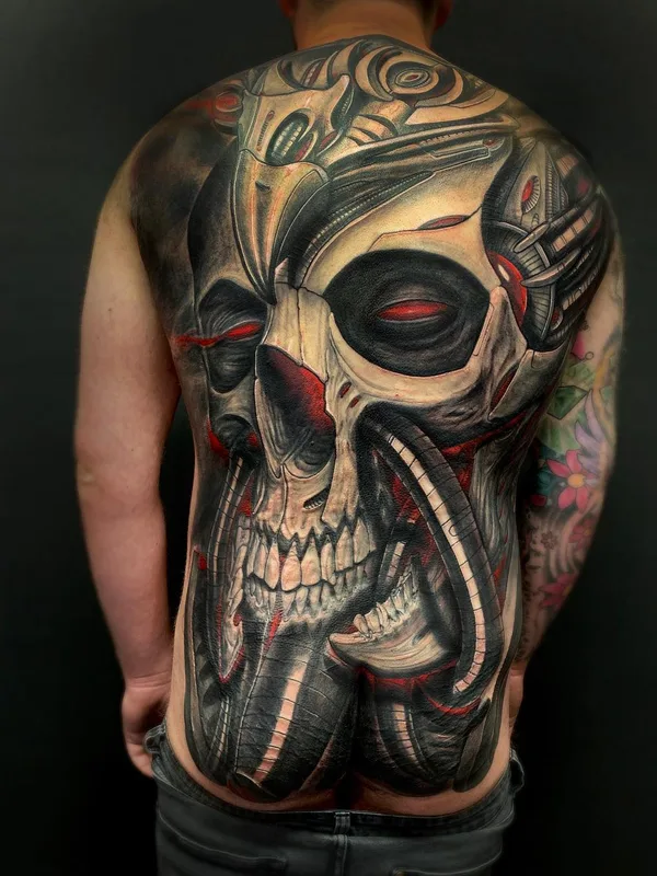 color biomechanical tattoo on full back #30500 | Tattoo Artist Javier Obregon