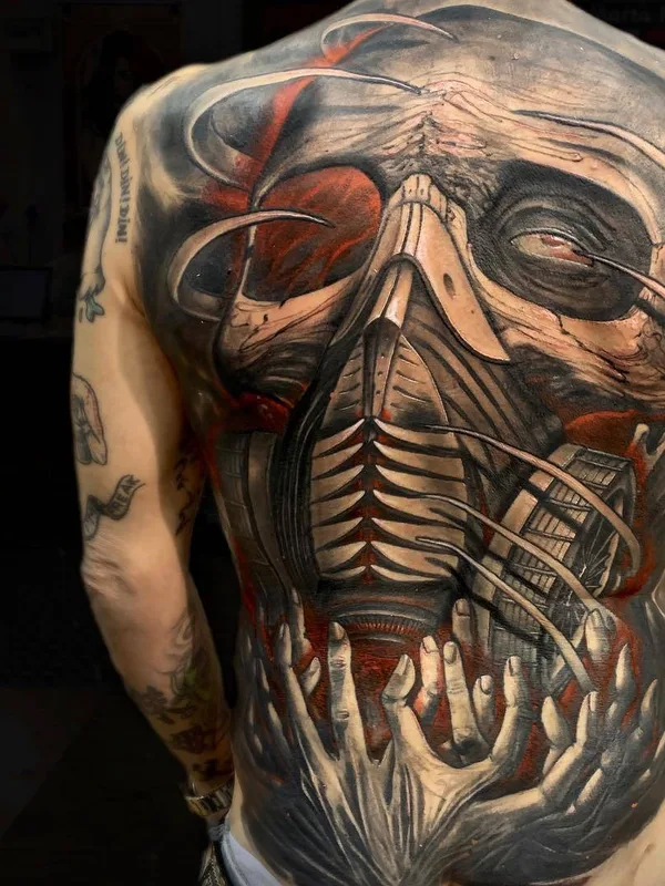 male black and grey biomechanical tattoo on full back #30503 | Tattoo Artist Javier Obregon