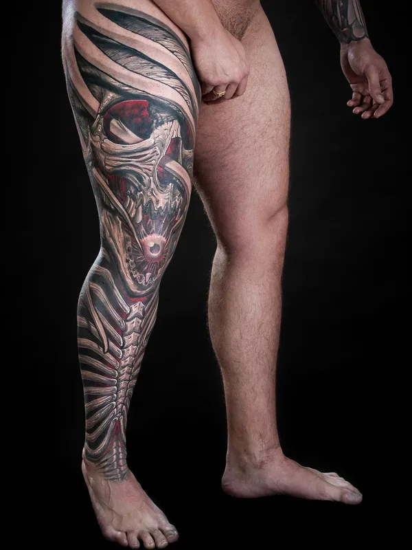 male black and grey biomechanical tattoo on full leg #30497 | Tattoo Artist Javier Obregon