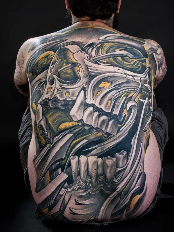male black and grey biomechanical tattoo on full back #30505 | Tattoo Artist Javier Obregon