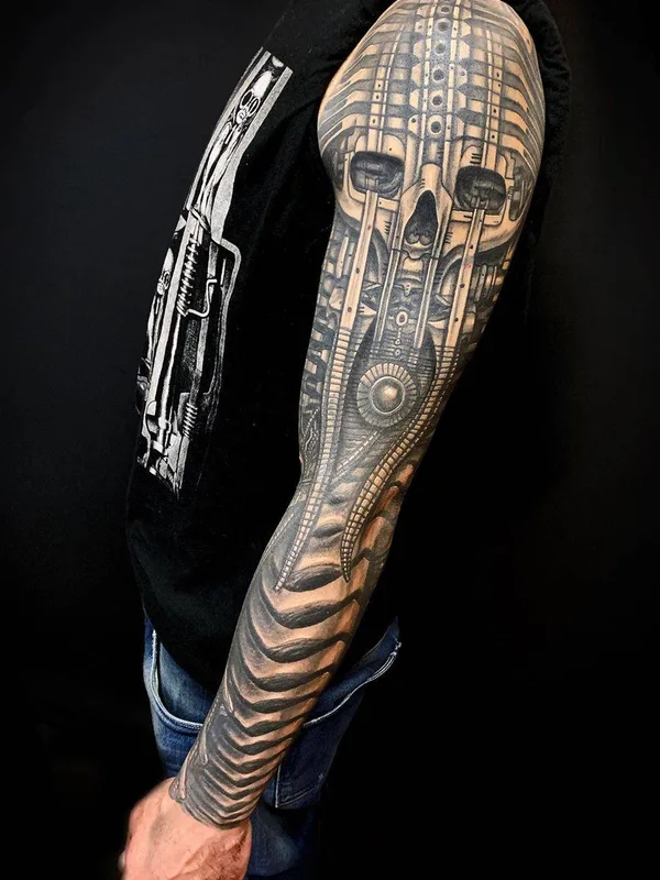 black and grey biomechanical tattoo on full sleeve #30502 | Tattoo Artist Javier Obregon