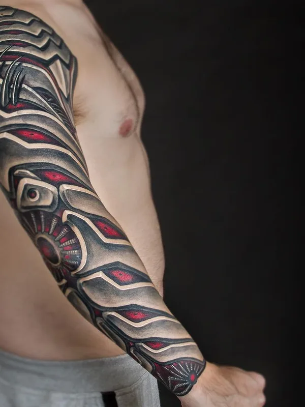 male color biomechanical tattoo on full sleeve #30498 | Tattoo Artist Javier Obregon