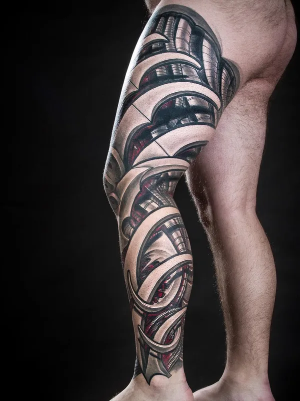 male color biomechanical tattoo on thigh #30499 | Tattoo Artist Javier Obregon