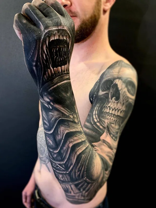 male black and grey biomechanical tattoo on full sleeve #30494 | Tattoo Artist Javier Obregon
