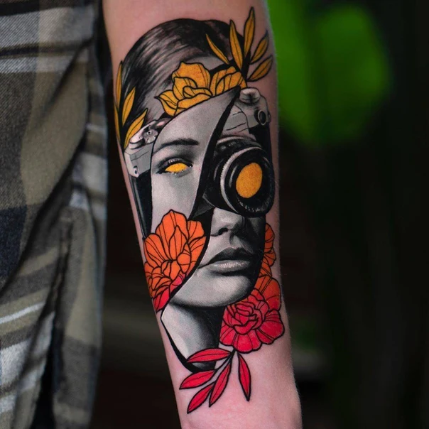 Realism Portrait, Flowers tattoo on Forearm