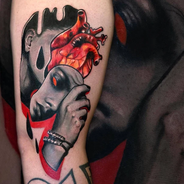Realism Heart, Face tattoo on Bicep