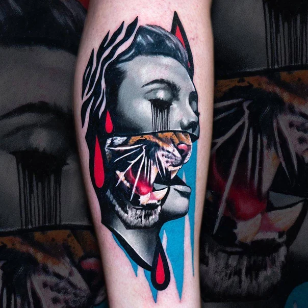 Realism Face, Tiger tattoo on Calf