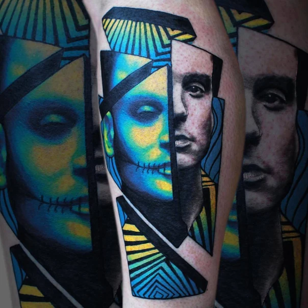 Abstract Portrait tattoo on Calf