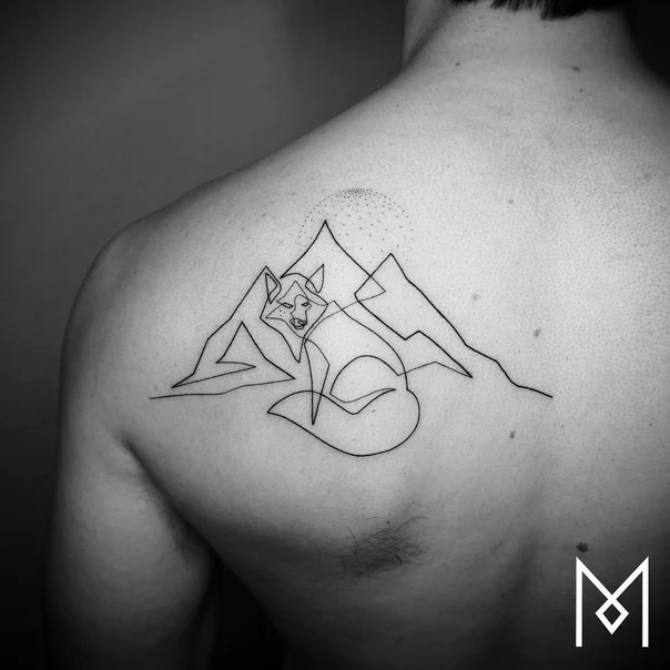 Linework Wolf, Mountains tattoo on Shoulder Blade