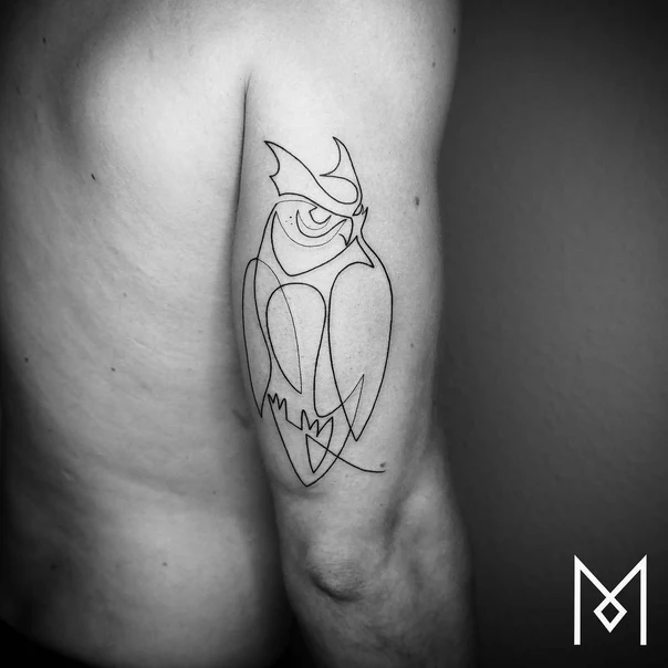 Linework Owl tattoo on Bicep