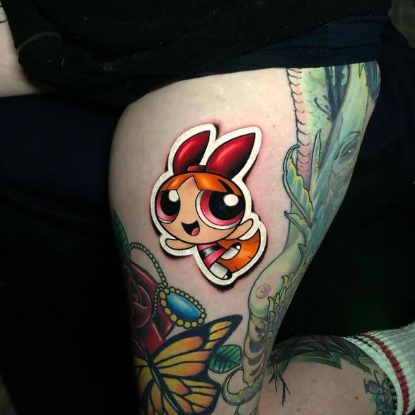 Cartoon Character, Butterfly tattoo on Thigh