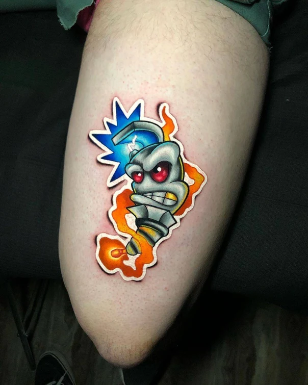 New School Bomb, Character tattoo on Thigh