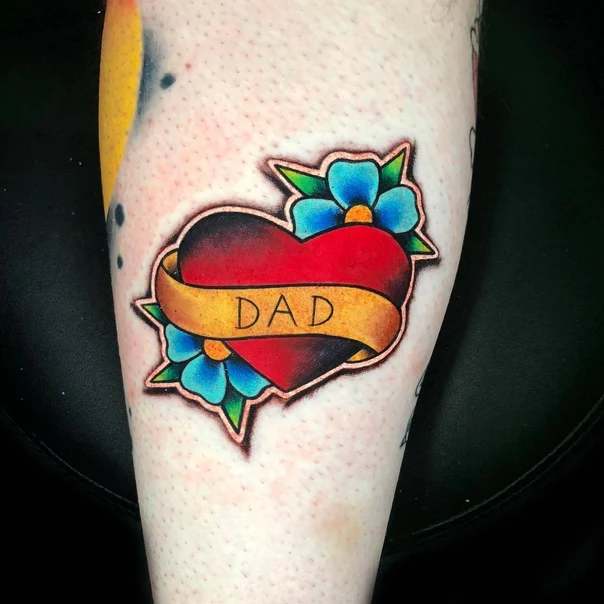 Traditional Heart, Flowers tattoo on Calf