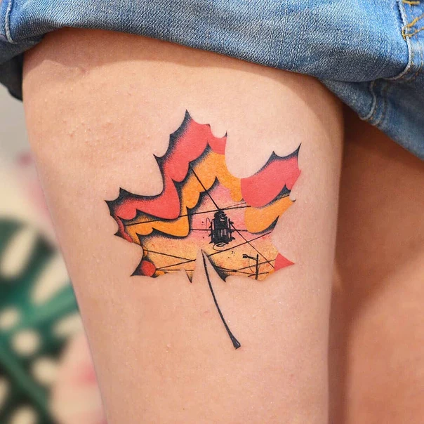 Illustrative Leaf, Landscape tattoo on Thigh