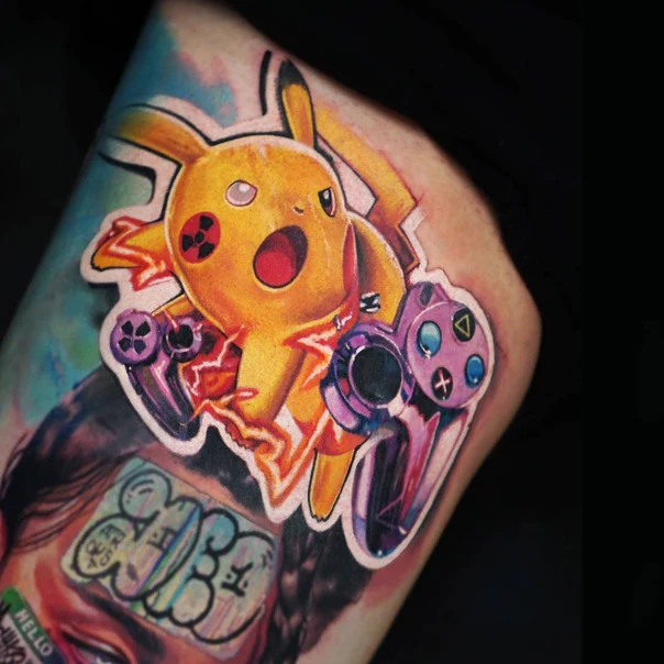 Illustrative Pikachu, Video game controller tattoo on Upper Arm