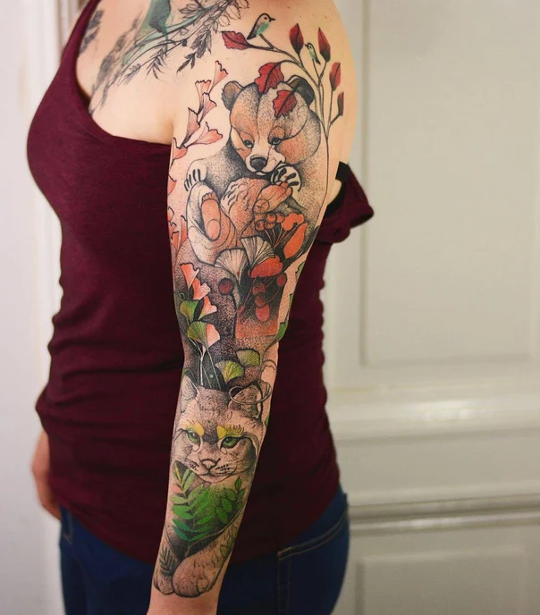 Illustrative Bear, Cat tattoo on Full Sleeve