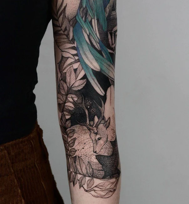 Illustrative Deer, Leaves tattoo on Forearm