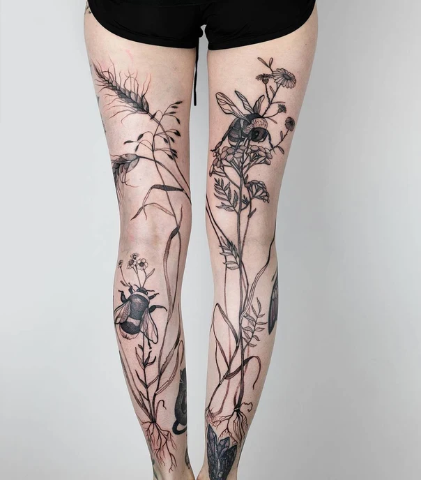 Linework Bee, Flowers tattoo on Full Leg