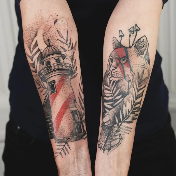 Illustrative Lighthouse, Cat tattoo on Forearm