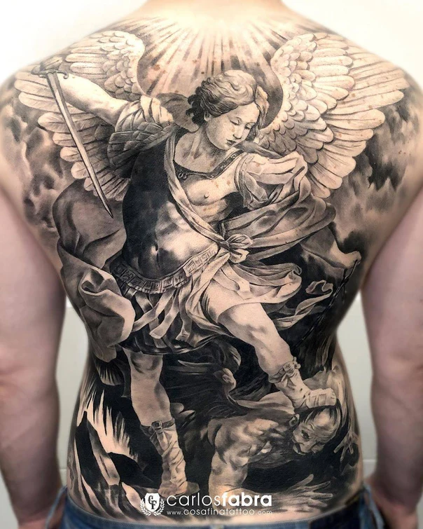 Realism Angel, Religious tattoo on Full Back