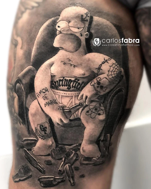 Black & Grey Homer simpson, Skull tattoo on Thigh