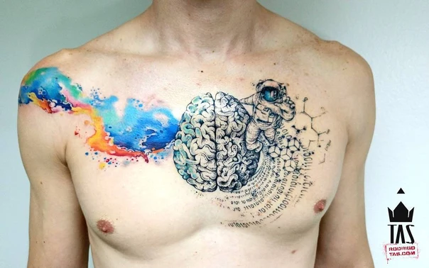 Watercolor Brain, Astronaut tattoo on Chest