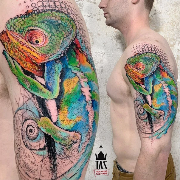 Watercolor Chameleon tattoo on Full Sleeve