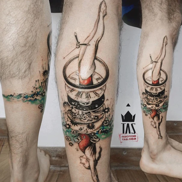Surrealism Clock, Legs tattoo on Calf