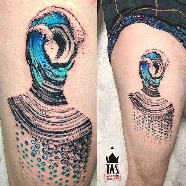 Abstract Wave, Human figure tattoo on Thigh