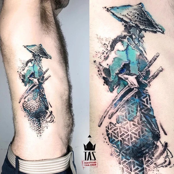 Watercolor Samurai, Geometric tattoo on Side
