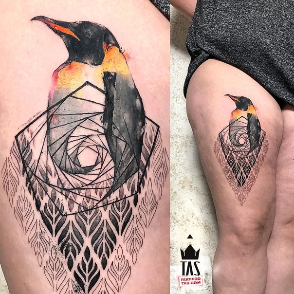 Watercolor Penguin, Geometric tattoo on Thigh