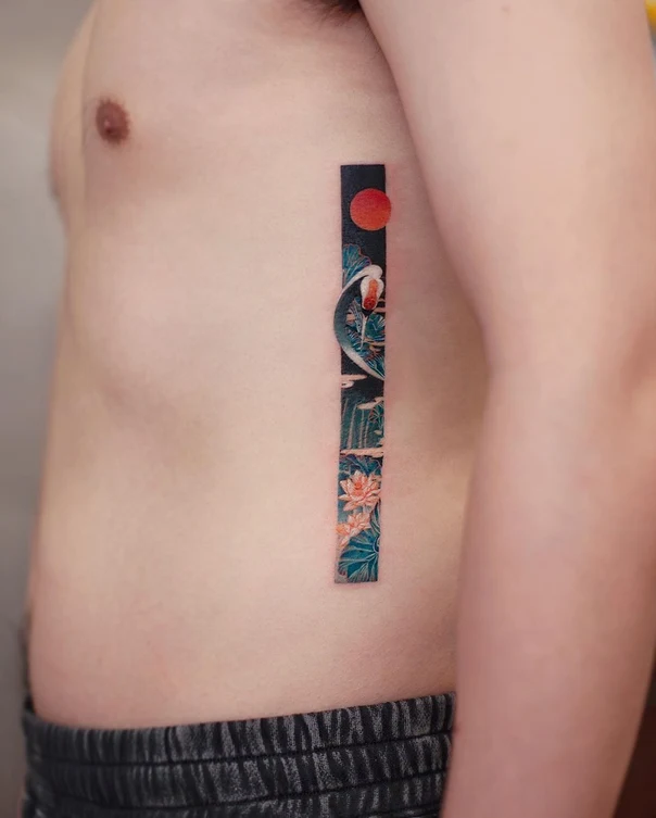 Japanese Lotus, Crane tattoo on Ribcage