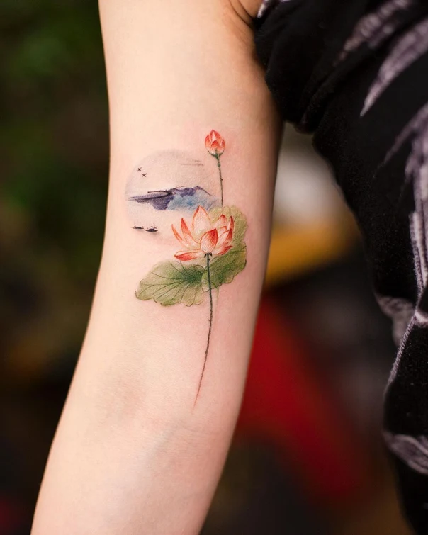 Watercolor Lotus, Landscape tattoo on Forearm