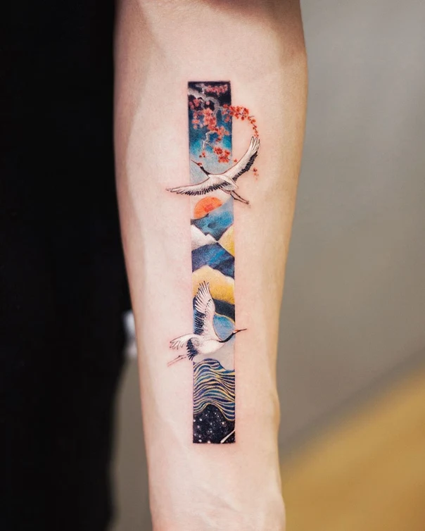 Japanese Crane, Landscape tattoo on Forearm
