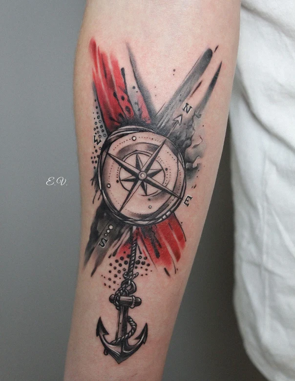 Акварель Compass, Anchor tattoo на Предплечье