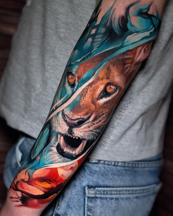 Realism Lion tattoo on Full Sleeve