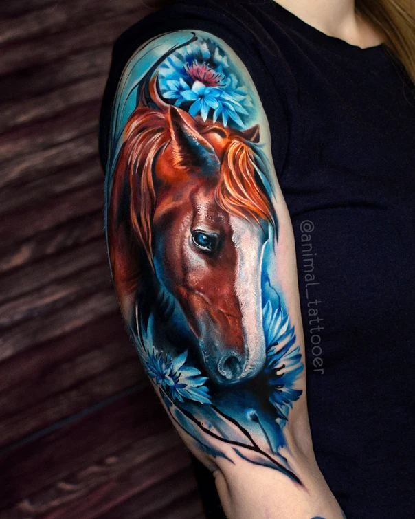 Realism Horse, Flowers tattoo on Upper Arm